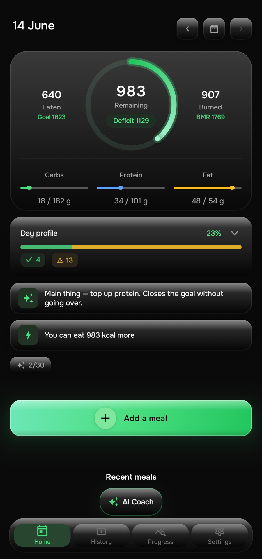 EatFlow home screen — calorie ring, macros, recent meals